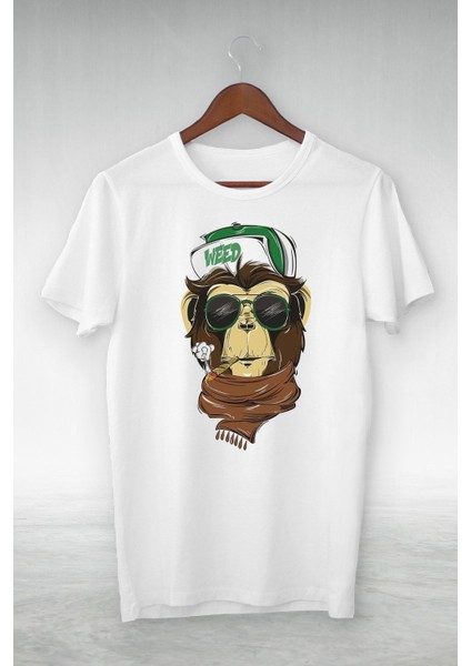 Beyaz - Weed Yeşil Şapkalı Atkılı Goril Çizim - Vip Tasarım Tshirt
