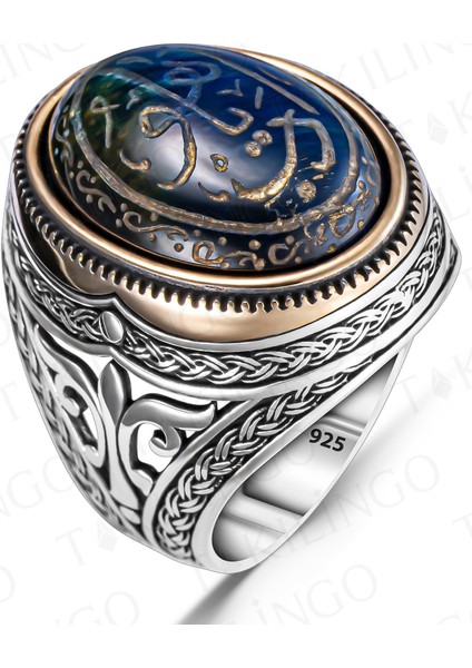 925 Ayar Gümüş Mavi Kaplangözü Taşlı Edep Ya Hu Yazılı Erkek Yüzük fiyatları