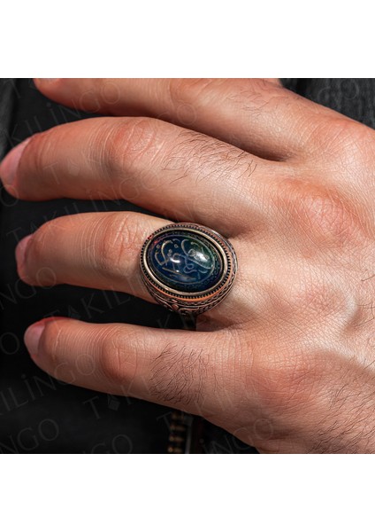 925 Ayar Gümüş Mavi Kaplangözü Taşlı Edep Ya Hu Yazılı Erkek Yüzük modelleri