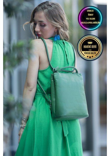 Sophia Yeşil Hakiki Deri Kadın El Omuz ve Sırt Çantası