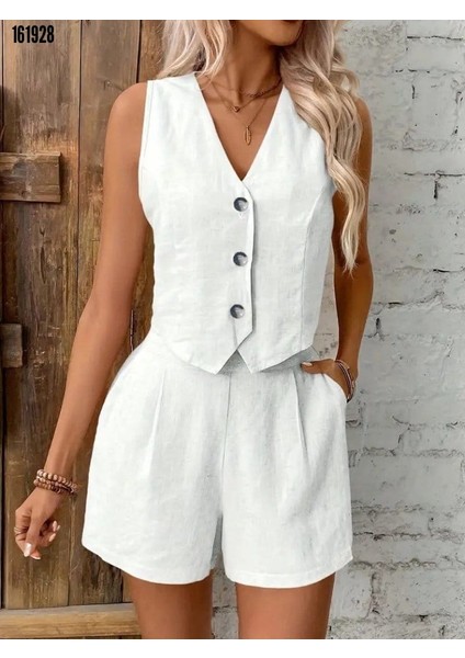 Kadın Sıfır Kol Askılı V Yakalı Önden Düğmeli Ithal Keten Ceket ve Short Ikili Takım-Songörsel Hediyemizdir.
