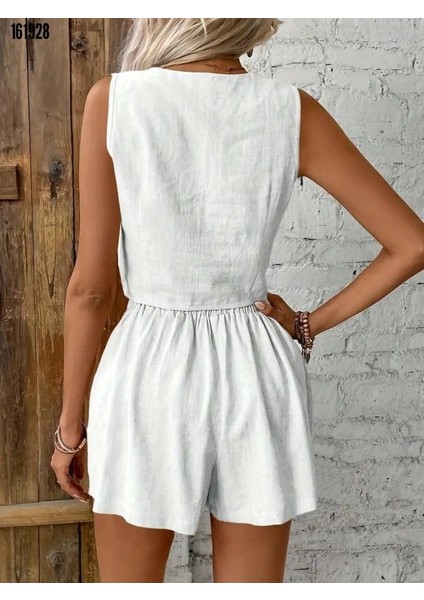 Kadın Sıfır Kol Askılı V Yakalı Önden Düğmeli Ithal Keten Ceket ve Short Ikili Takım-Songörsel Hediyemizdir. fiyatları