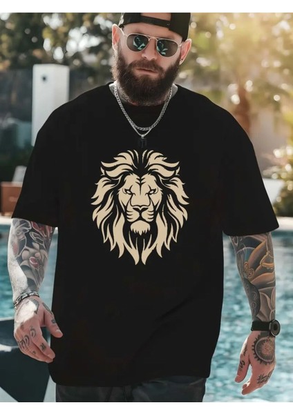 Erkek Tarz Gold Aslan Baskılı T-Shirt Oversize Salaş Boyfirend