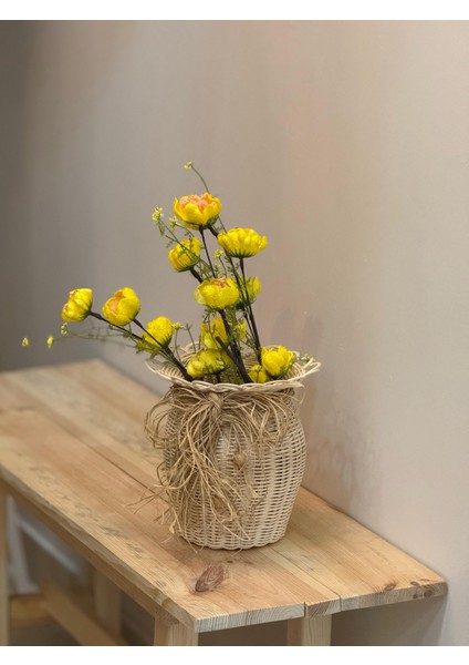 2'li Set Rattan El Yapımı Vazo & Sarı Gelincik