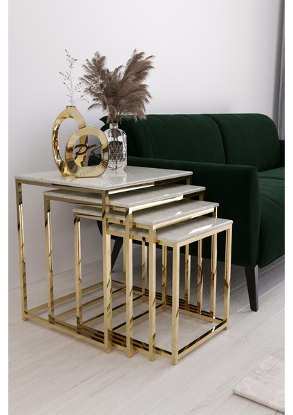 Duru 4'lü Kare Zigon Sehpa Seti Gold Ayak, Gold Mermer Desen Mdf