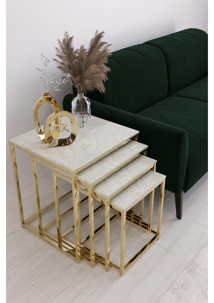 Duru 4'lü Kare Zigon Sehpa Seti Gold Ayak, Gold Mermer Desen Mdf
