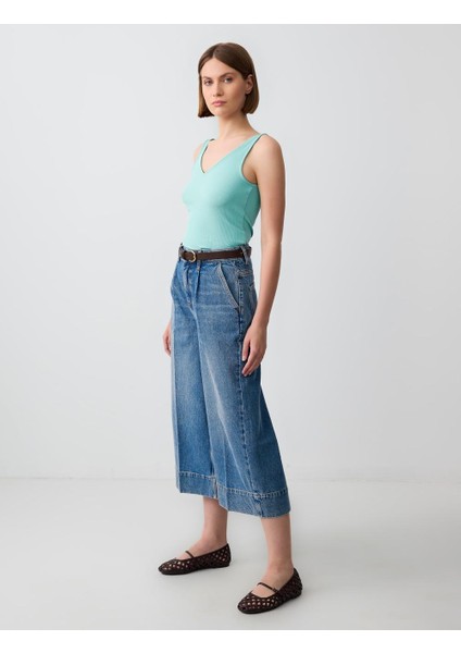 Indigo Mavi %100 Pamuk Rahat Kesim Yüksek Bel Bol Paça Denim Pantolon
