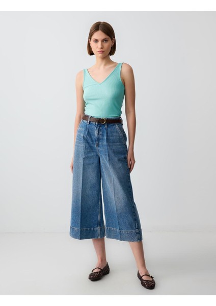 Indigo Mavi %100 Pamuk Rahat Kesim Yüksek Bel Bol Paça Denim Pantolon