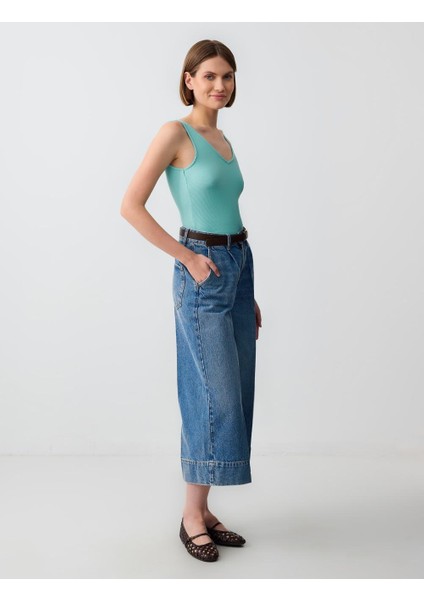 Indigo Mavi %100 Pamuk Rahat Kesim Yüksek Bel Bol Paça Denim Pantolon modelleri