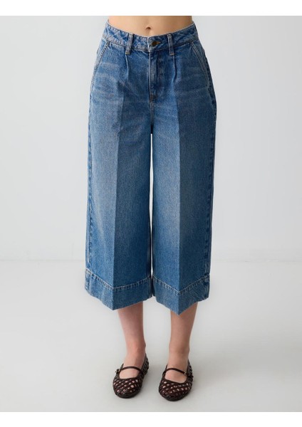 Indigo Mavi %100 Pamuk Rahat Kesim Yüksek Bel Bol Paça Denim Pantolon fırsatları