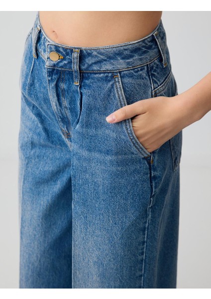 Indigo Mavi %100 Pamuk Rahat Kesim Yüksek Bel Bol Paça Denim Pantolon indirimleri