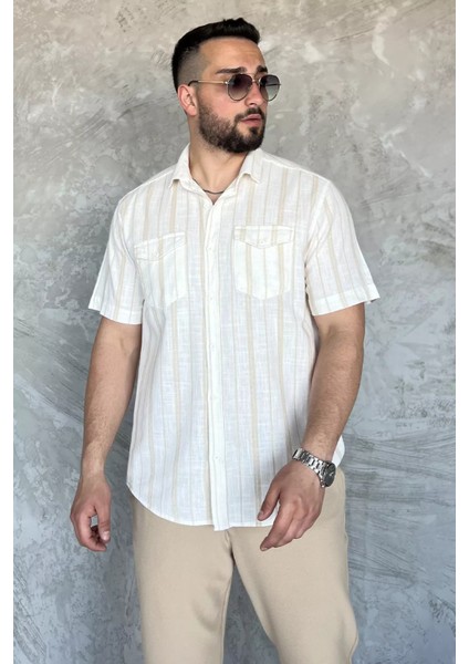 Erkek Çift Cepli Çizgili Kısa Kol Gömlek P-00017055