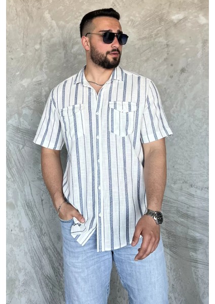 Erkek Çift Cepli Çizgili Kısa Kol Gömlek P-00017055