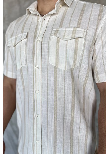 Erkek Çift Cepli Çizgili Kısa Kol Gömlek P-00017055 fırsatları