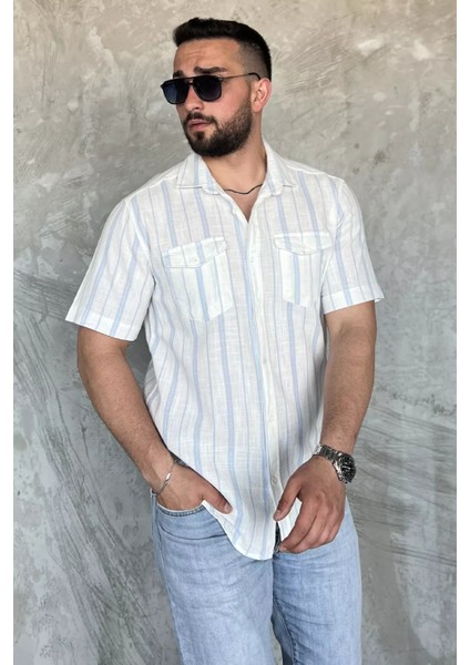 Erkek Çift Cepli Çizgili Kısa Kol Gömlek P-00017055