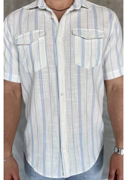 Erkek Çift Cepli Çizgili Kısa Kol Gömlek P-00017055 fırsatları