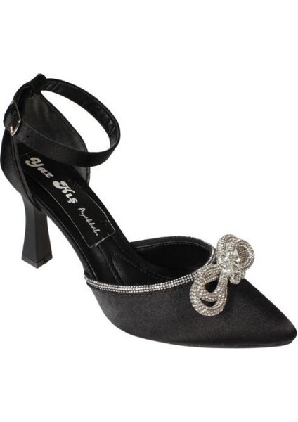 Yazkış Kadı Saten Siyah Ten Kelebek Taşlı Bilek Bağlamalı 9cm Şamdan Topuk Abiye Ayakkabı