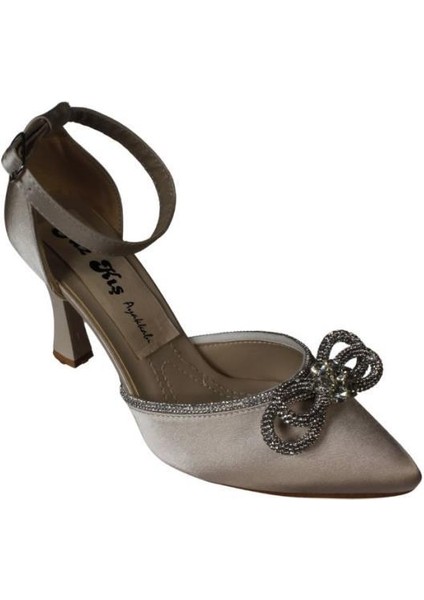 Yazkış Kadı Saten Siyah Ten Kelebek Taşlı Bilek Bağlamalı 9cm Şamdan Topuk Abiye Ayakkabı