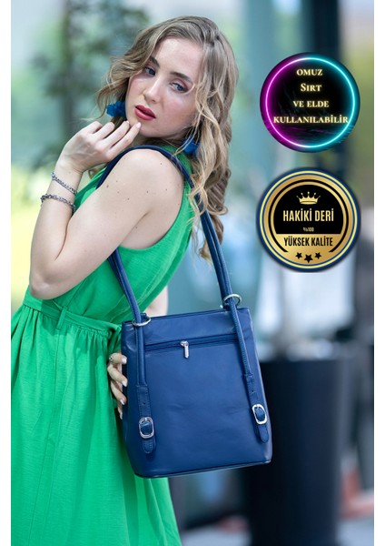 Sophia Lacivert Hakiki Deri Kadın El Omuz ve Sırt Çantası