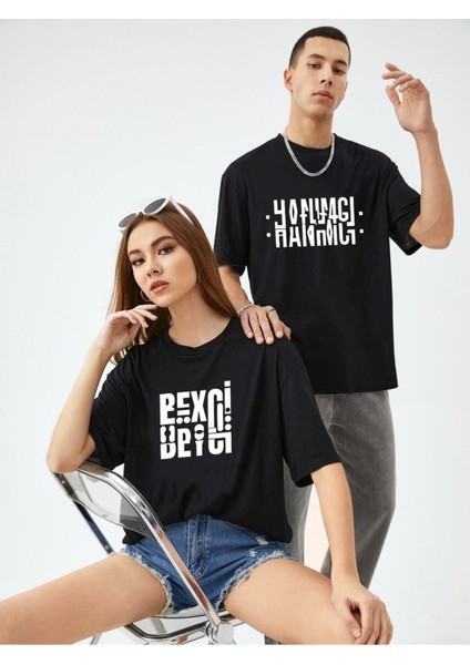 Siyah Unisex Ikili Hanımcı ve Beyci Baskılı Oversize T-Shirt