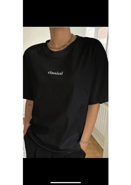 Siyah Classical Baskılı Oversize Tshirt