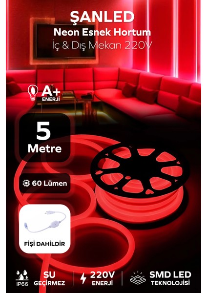 Neon Esnek Hortum Şerit LED Kırmızı Rengi + 220V FIŞ/1,2,3,4,5,10,15,20,25,50,100 Metre