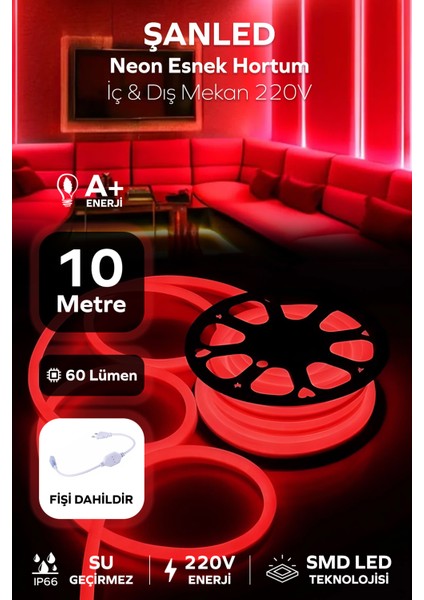 Neon Esnek Hortum Şerit LED Kırmızı Rengi + 220V FIŞ/1,2,3,4,5,10,15,20,25,50,100 Metre
