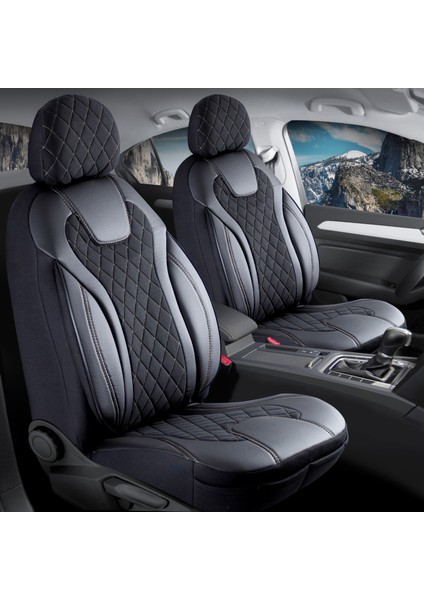 volkswagen Touran Uyumlu Lüx Yarı Deri Oto Koltuk Kılıfı Ön Arka Takım Cyrstal Siyah Beyaz