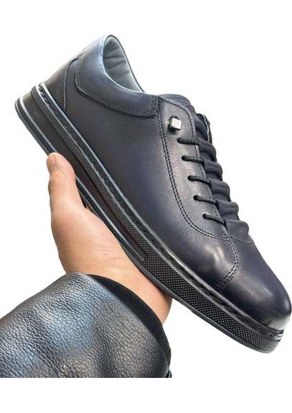 Lacivert Lastikli Erkek Spor Ayakkabı-Deri Spor