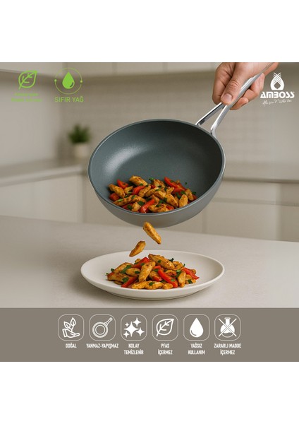 Sera Nova Yanmaz Yapışmaz Seramik Wok Tava 28 cm – Gri