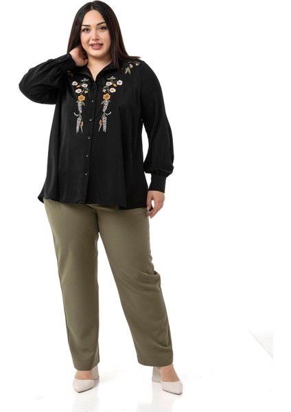 Büyük Beden Nakış Detaylı Siyah Gömlek fiyatları