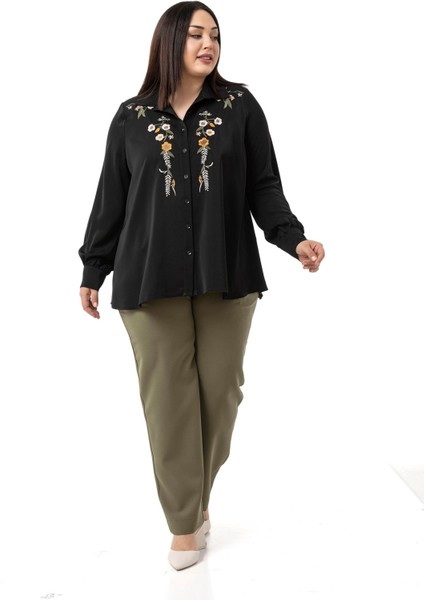 Büyük Beden Nakış Detaylı Siyah Gömlek indirimleri