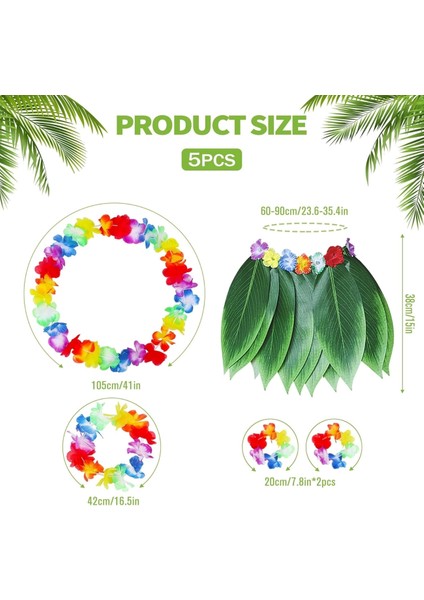 Çocuk Hawaii Kostüm Seti - Yaprak Etek Hawaii Set - 5 Parça