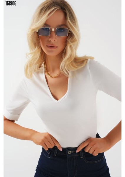 V Yaka Kısa Kol Basic Bluz-Son Görsel Hediyemizdir. fiyatları