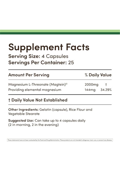 Magnesium L-Threonate (Magtein) 2000 mg 100 Kapsul.Özel Sporcu Gıdalarından. Abd MENŞEİ.4142 fiyatları