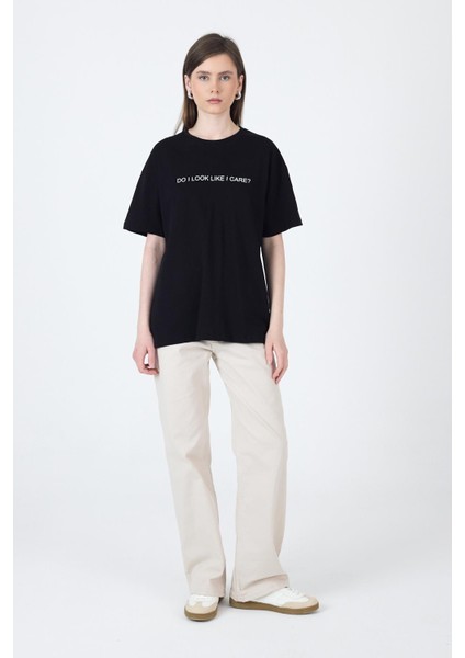 Siyah Yazı Baskılı Oversize Pamuklu Tişört 2150-5M fiyatları