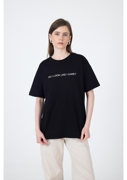 Siyah Yazı Baskılı Oversize Pamuklu Tişört 2150-5M modelleri