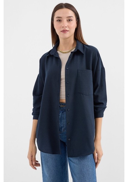 20153 Tek Cepli Oversize Keten Gömlek - Lacivert