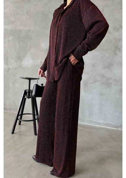 Simli Gömlek - Pantolon Takım - Bordo