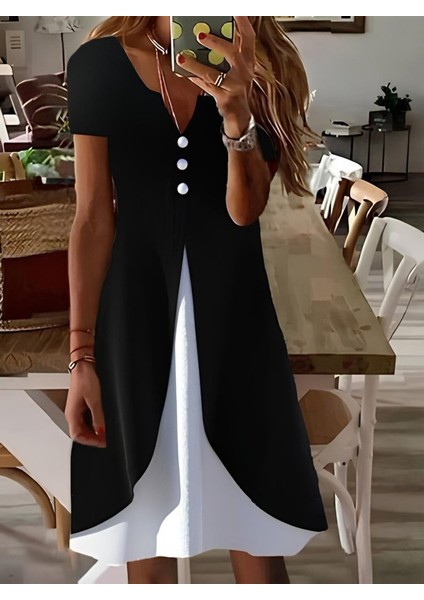 Kadın Kısa Kollu V Yakalı Önden Düğmeli Çift Renkli Viskon Elbise modelleri
