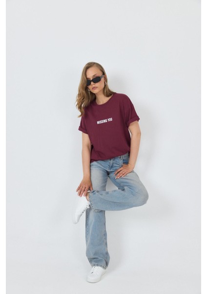 Bordo Yazı Baskılı Pamuklu Oversize Tişört 2150-6M modelleri