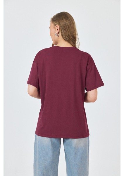 Bordo Yazı Baskılı Pamuklu Oversize Tişört 2150-6M indirimleri