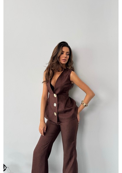 Keten Gold Düğmeli Yelek - Pantolon Tk - Kahverengi