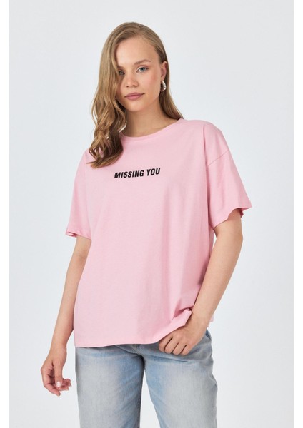Pembe Yazı Baskılı Pamuklu Oversize Tişört 2150-6M modelleri