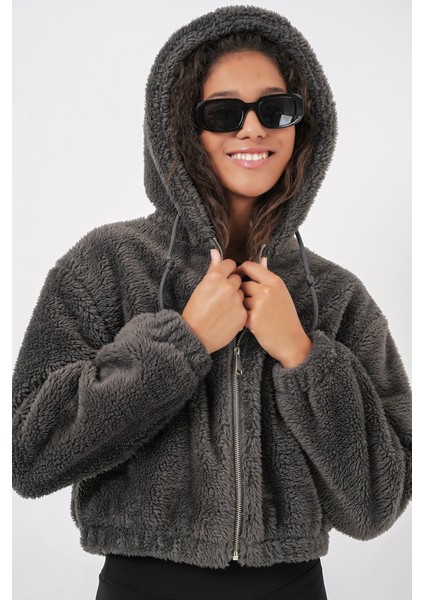 5193 Kapüşonlu Peluş Crop Ceket - Antrasit