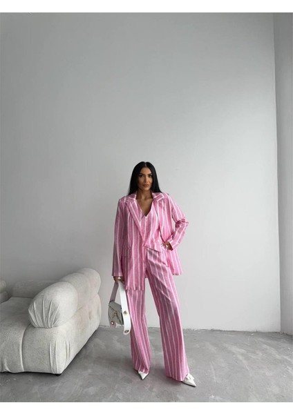 Çizgili Ceket Keten - Pembe