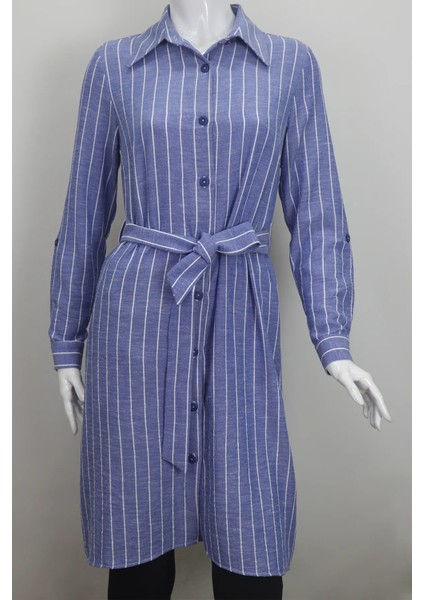 Fistan Store Kadın Koyu Mavi Çizgili Spor Kesim Beli Fularlı Rahat Kalıp Yazlık Tunik