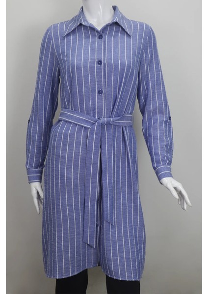 Fistan Store Kadın Koyu Mavi Çizgili Spor Kesim Beli Fularlı Rahat Kalıp Yazlık Tunik fiyatları