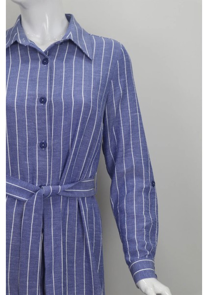 Fistan Store Kadın Koyu Mavi Çizgili Spor Kesim Beli Fularlı Rahat Kalıp Yazlık Tunik modelleri