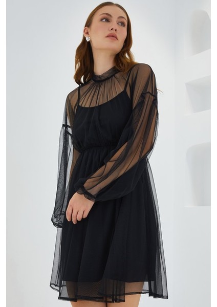 Siyah Tül Detaylı Mini Elbise 2485